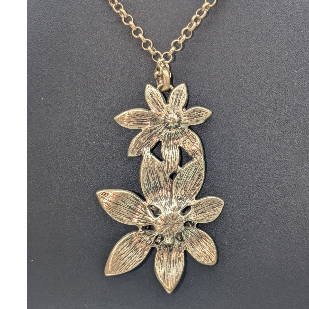Coldwater Creek Blue Enamel AB Rhinestone Floral Antiqued Gold Chain Necklace