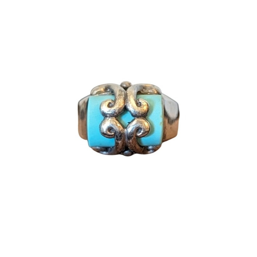 Southwestern Sterling Silver Swirl Filigree Wrapped Turquoise Ring Size 6.25