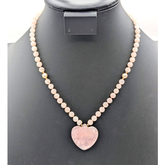 NEEDS RESTRUNG--14K Gold Hong Kong Pink Jadeite Heart Quartz Bead Necklace