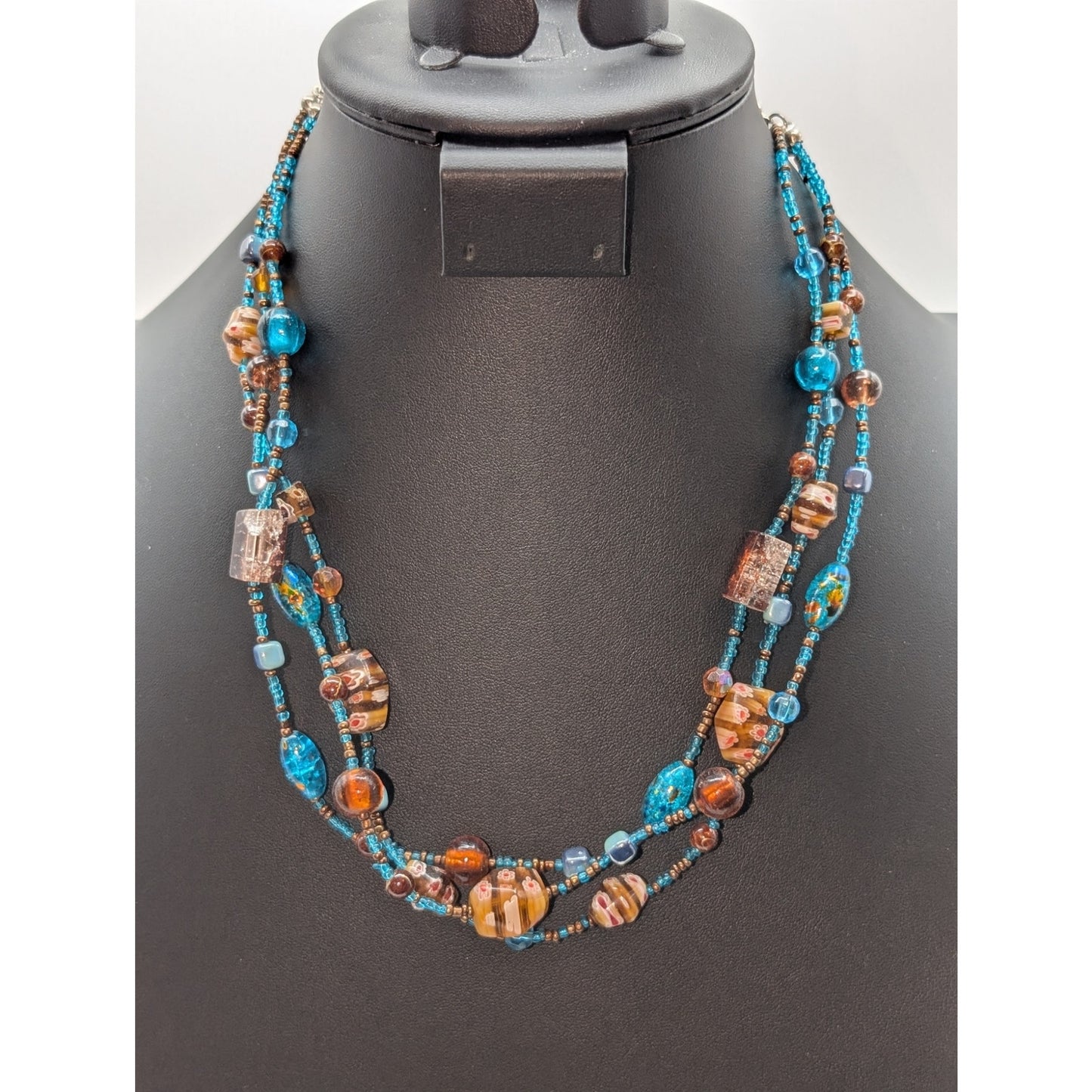 Millefiori Glass Lampwork Aqua Brown Bead Multi-Strand 17"-21" Necklace