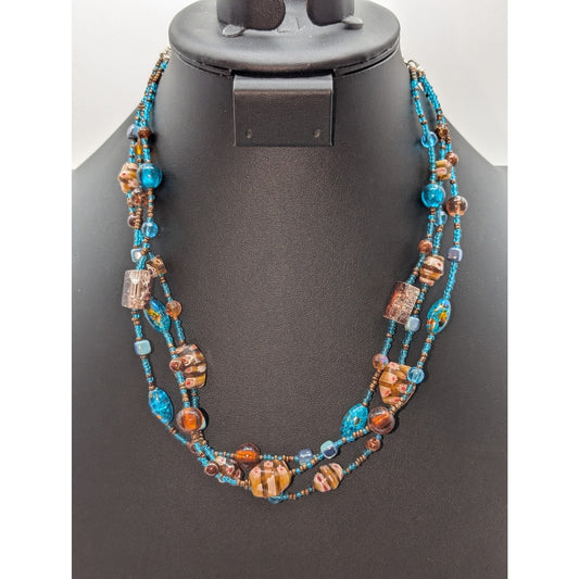 Millefiori Glass Lampwork Aqua Brown Bead Multi-Strand 17"-21" Necklace