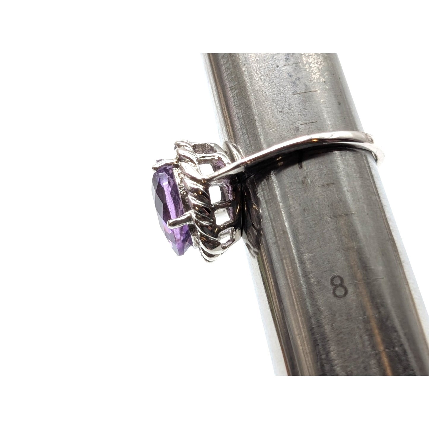 925 Sterling Silver Lg Oval Facet Cut Amethyst Twisted Rope Surround Ring Sz 7