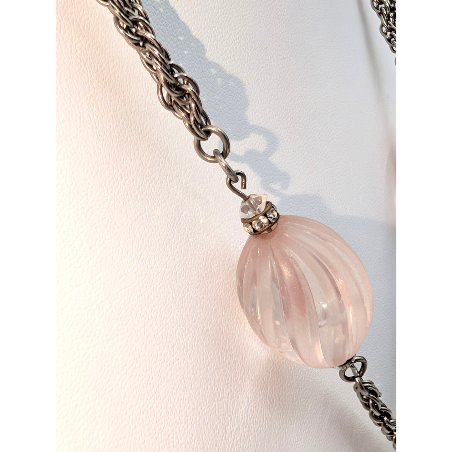 Vtg Art Deco Style Pink Swirl & Crystal Bead Silver Tone Dangle Chain Necklace