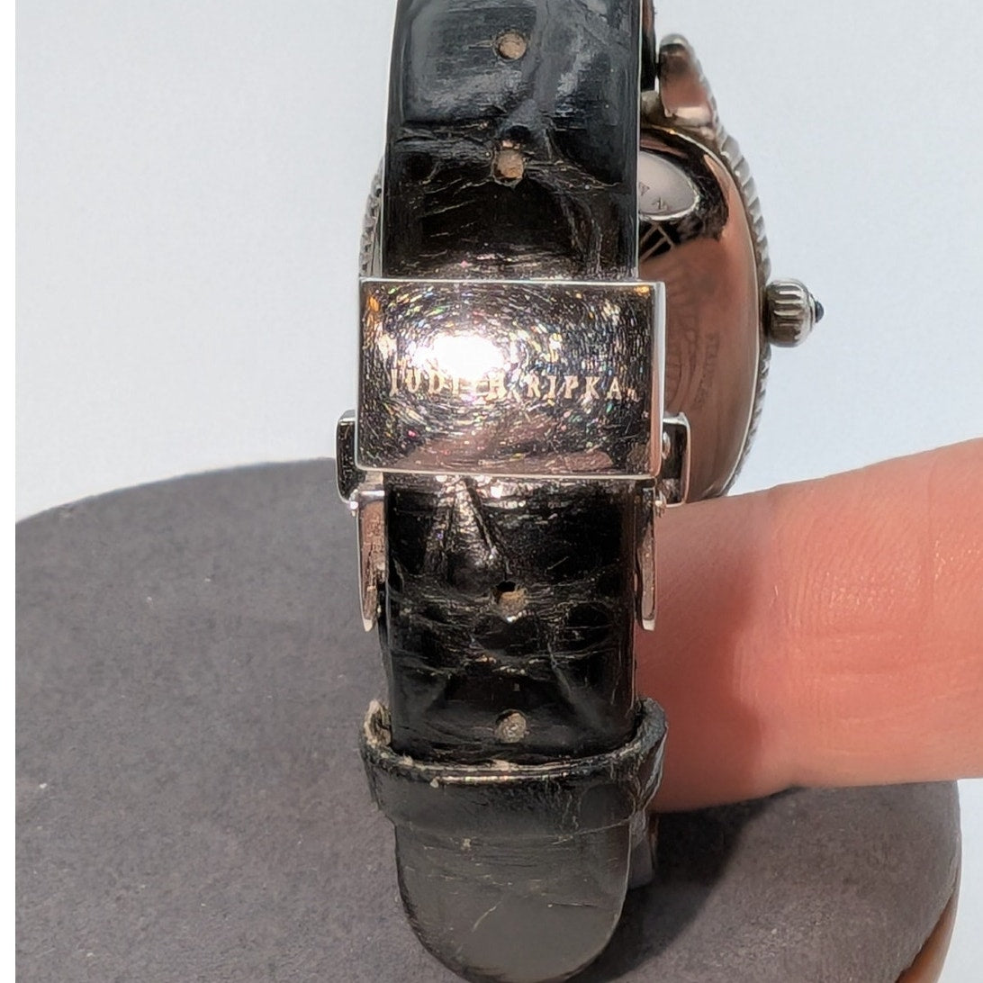 Judith Ripka MOP Sterling Silver Case Genuine Leather Band Double Heart Watch