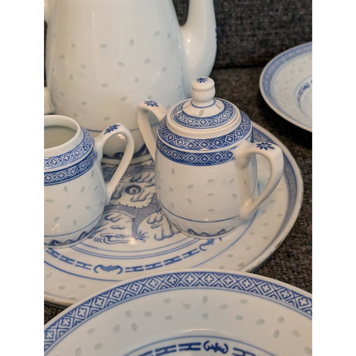 Vintage 1970s  Rice Grain Fifteen Piece Porcelain Blue White Dragon Tea Set