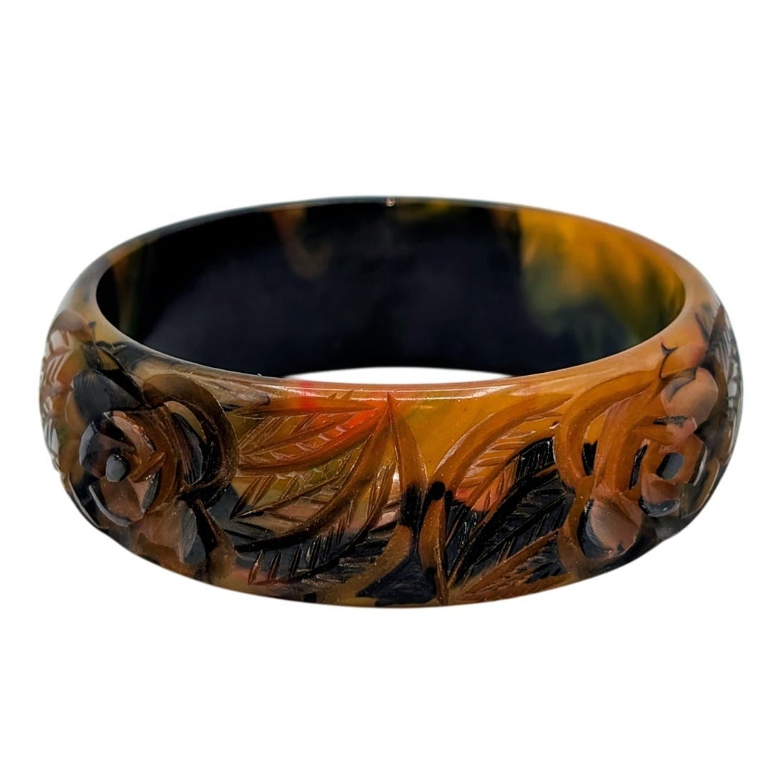 Rare 1930s Carved Roses Translucent End of Day Bakelite Bangle Bracelet