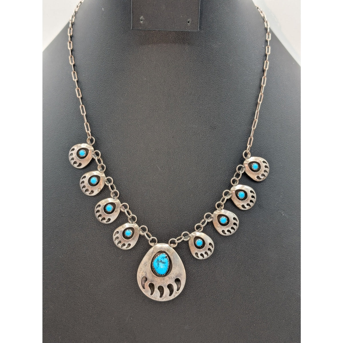 Vintage Navajo Signed SJ Sterling Silver Turquoise Bear Claw Chain 19" Necklace