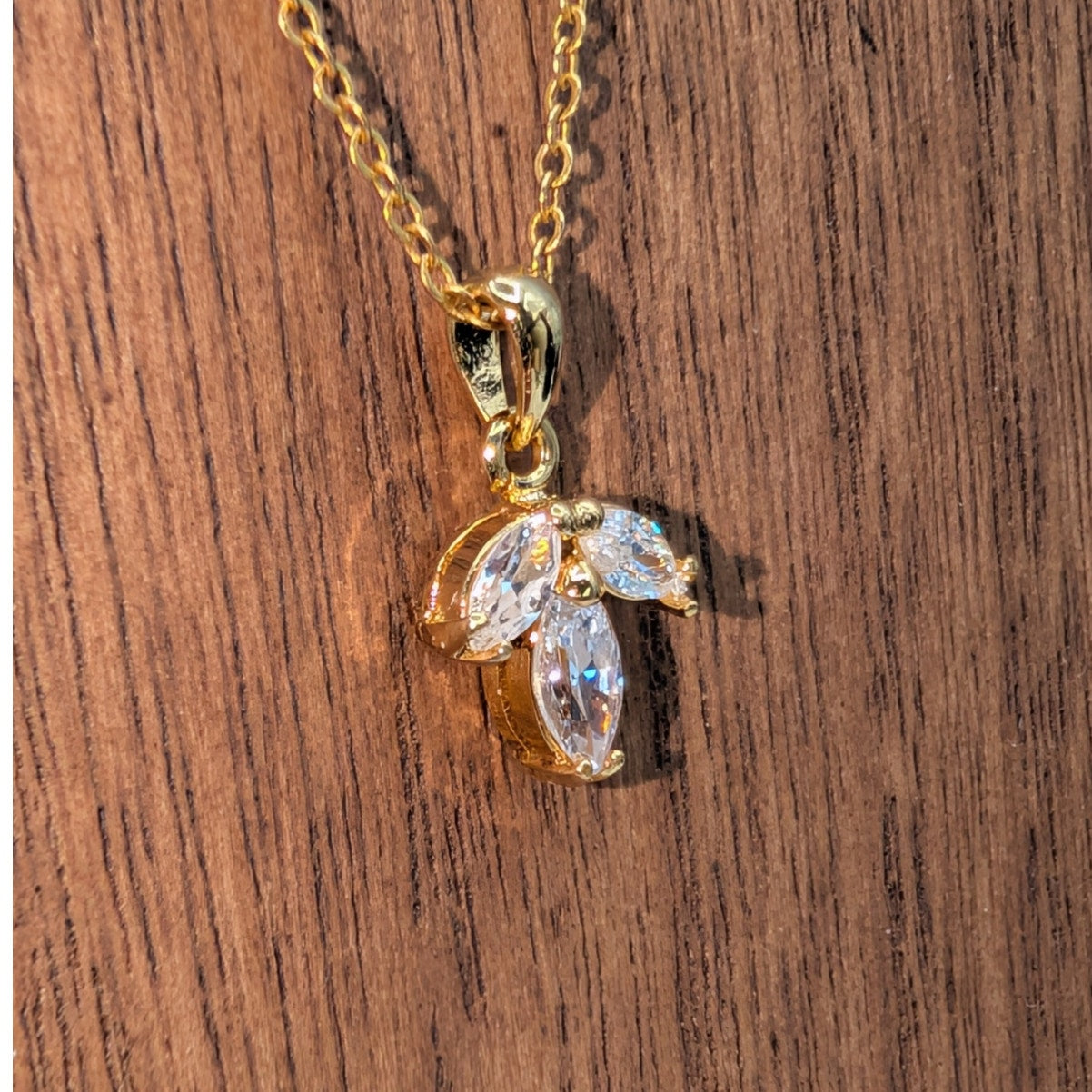 Three Marquis Cut CZ's Necklace Set in 14k Gold Electroplate on Gold Tone Chain