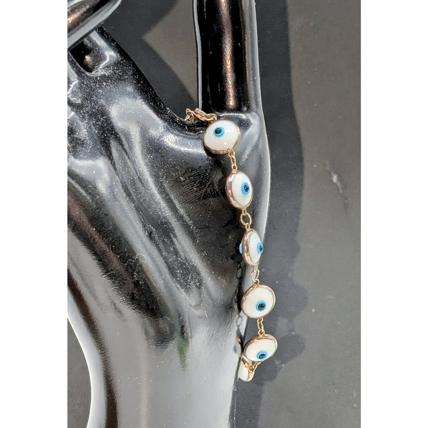 Vintage 925 Sterling Silver Bezel Set White Glass Eye Bead Chain Bracelet