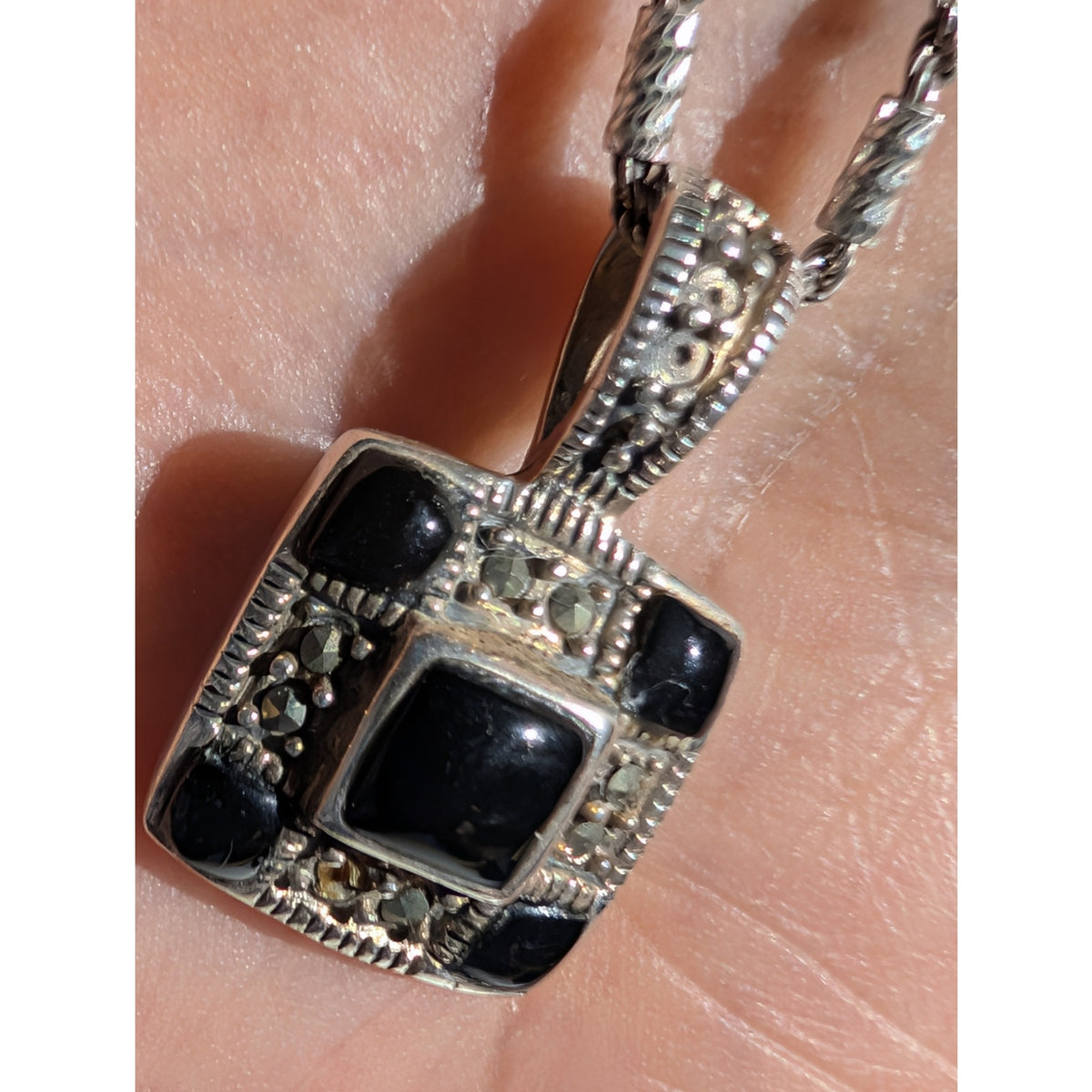 Vtg 925 Sterling Checkerboard Black Onyx Marcasite Pendant Bar Chain Necklace