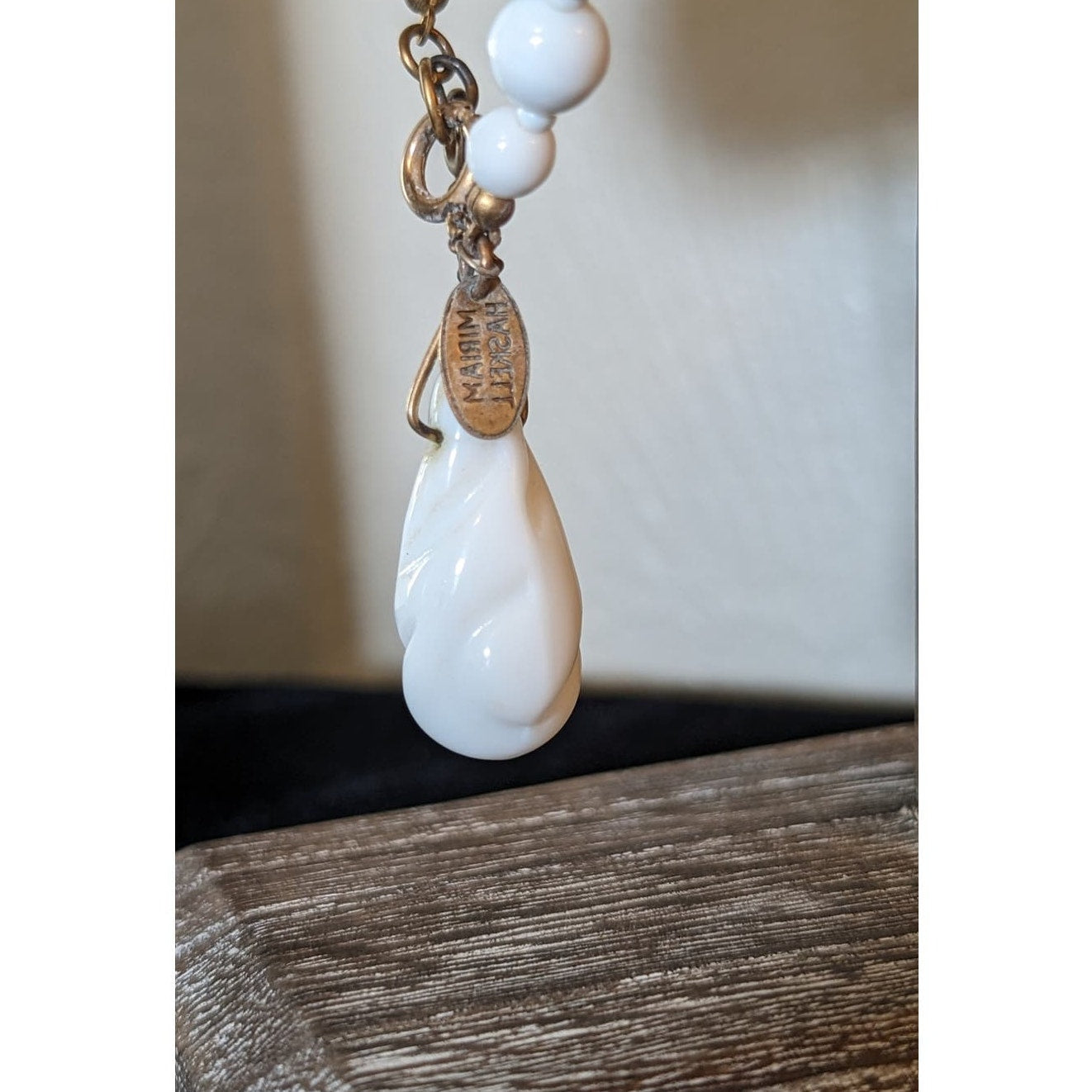 Miriam Haskell White Milk Glass Bead Dangle Charm Safety Chain Signed Bracelet