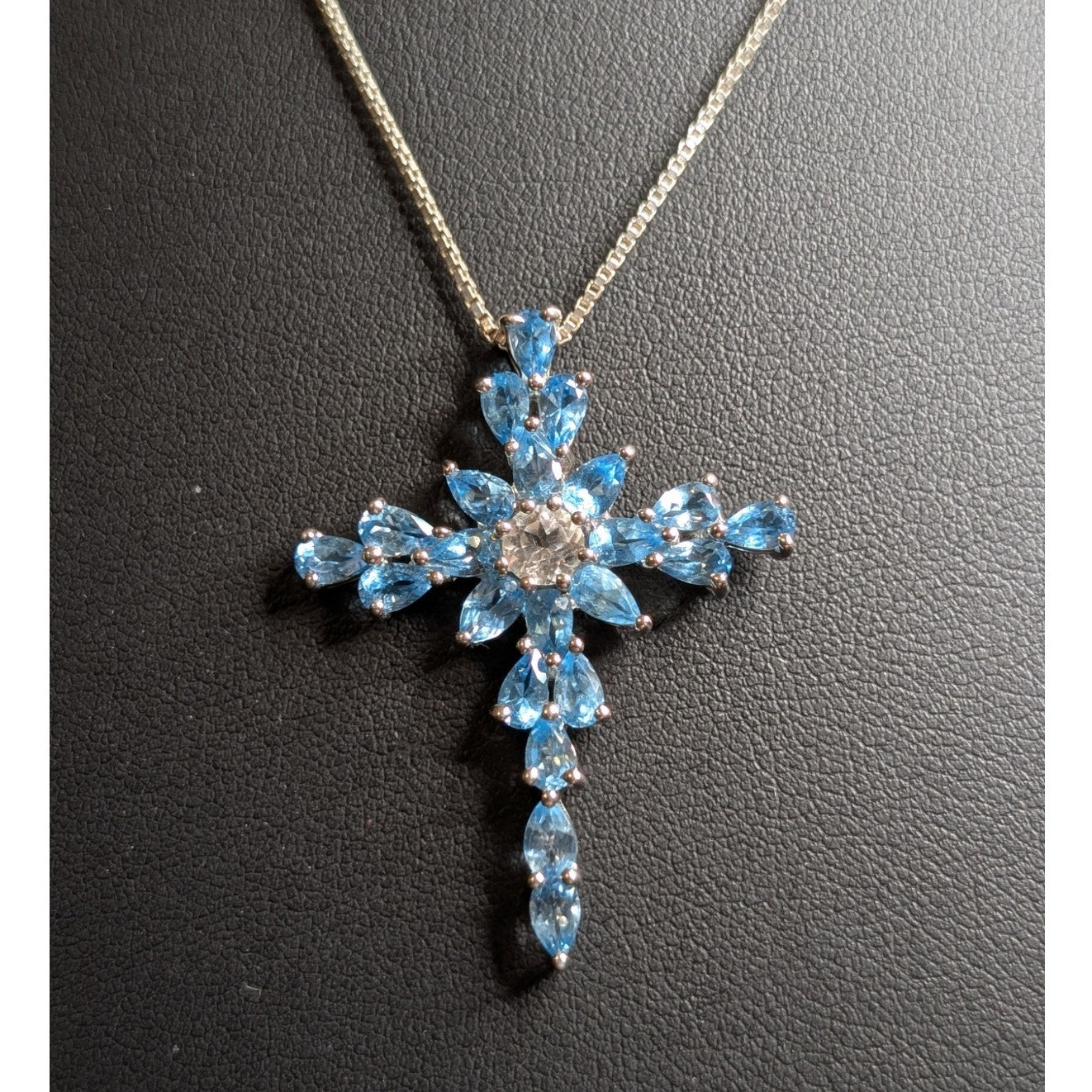 Swiss Blue Teardrop White Topaz Round Center Stone 925 Sterling Cross Necklace