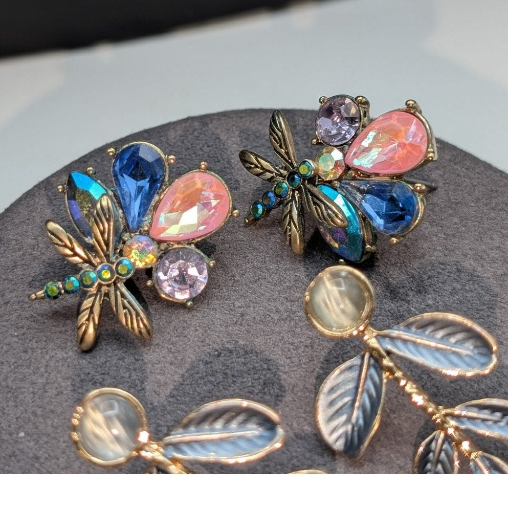 Lot of Three Pair Dusty Blue Dragonfly Rhinestone Pierced Earrings