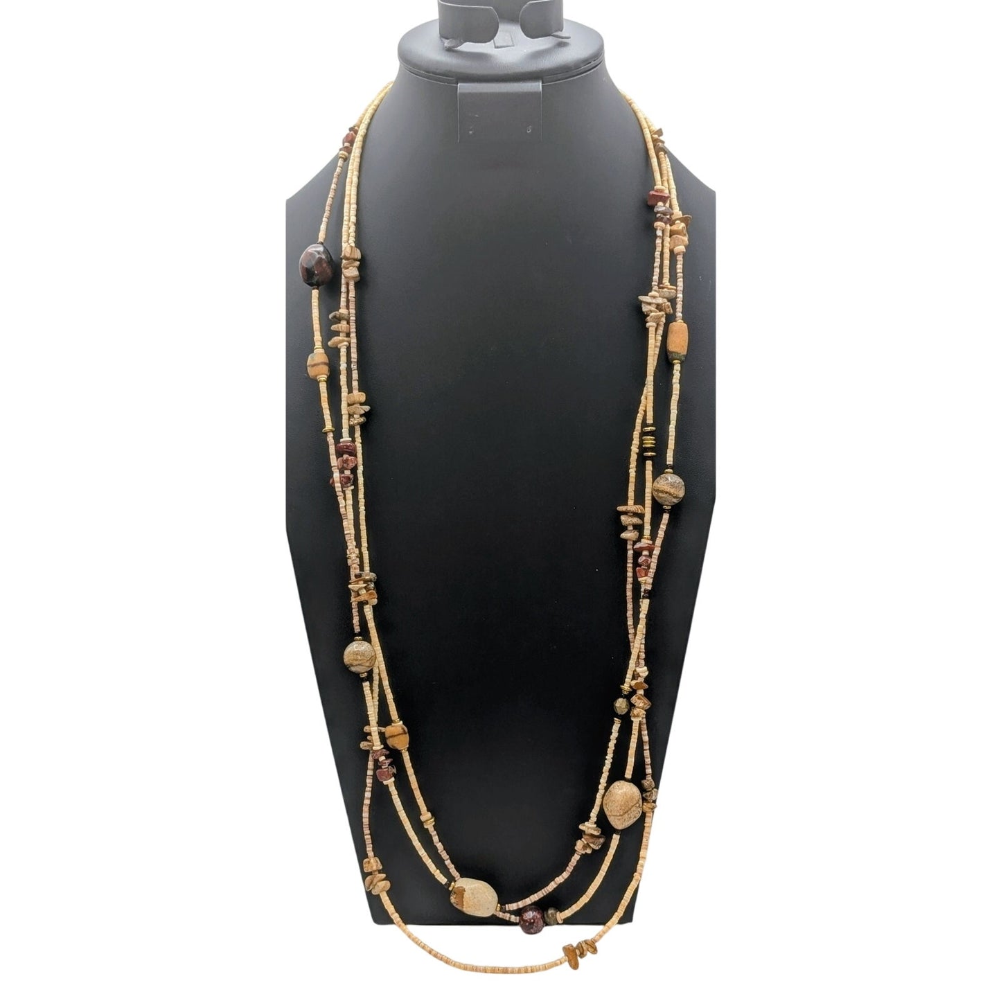 Vintage Three Strand Tiny Heishi Shell Bead Jasper Stone Station Long Necklace