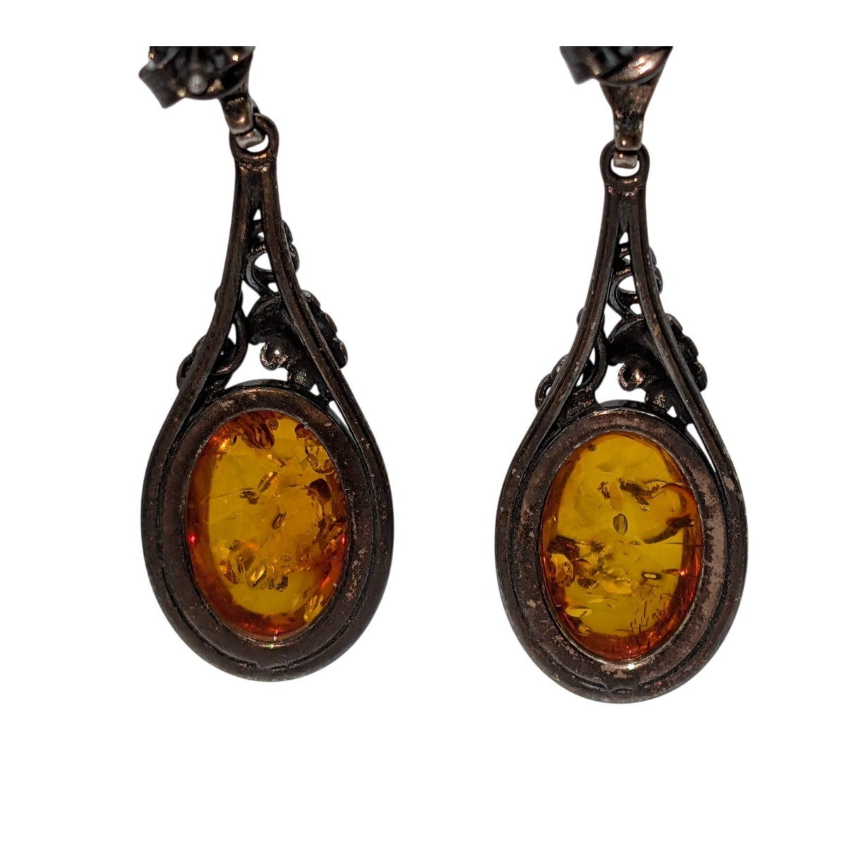 Vintage 925 Sterling Silver Leafy Vine Design Baltic Amber Dangle Drop Earrings