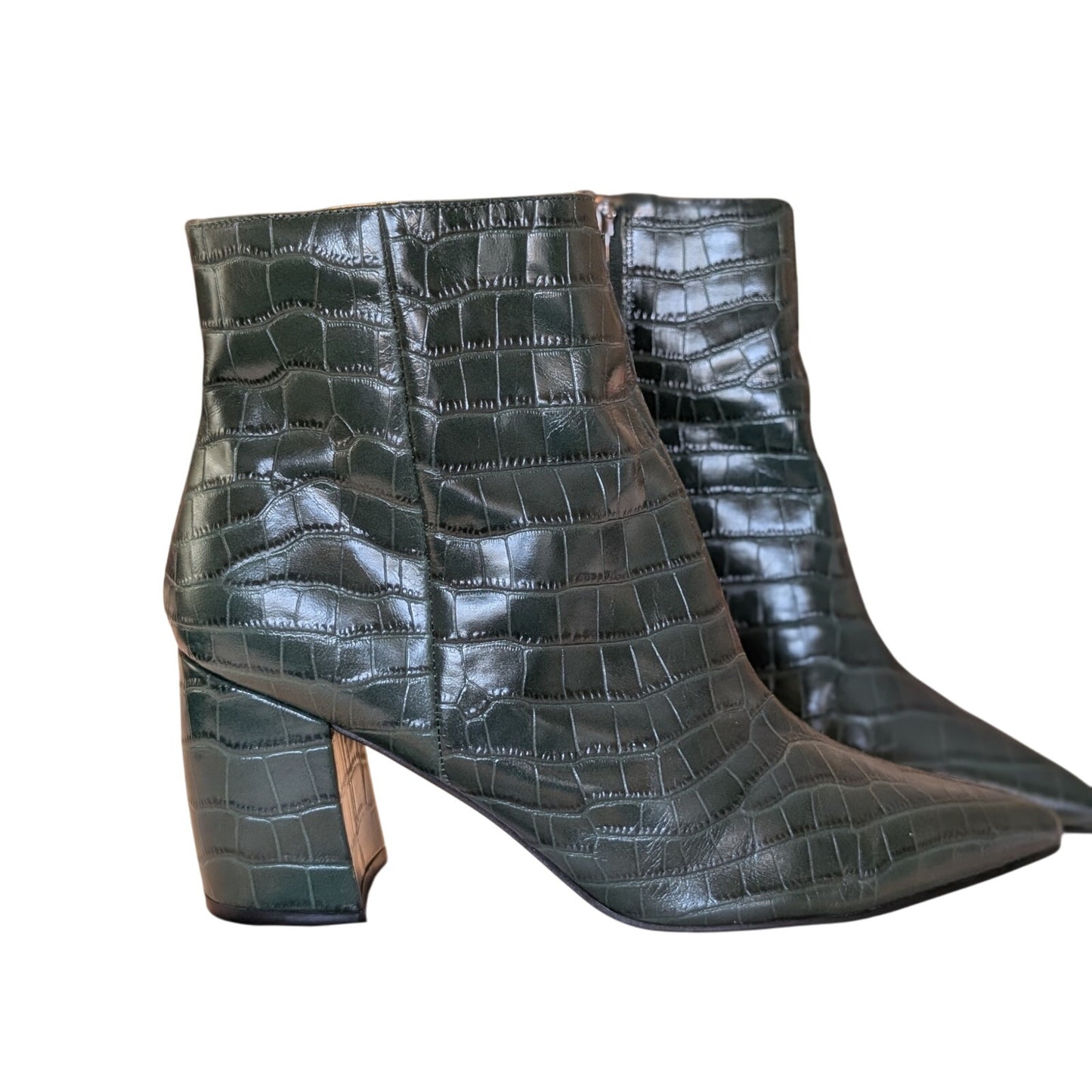 Marc Fisher Green Leather Animal Print Embossed 3" Heel Zip Ankle Boots Sz 9