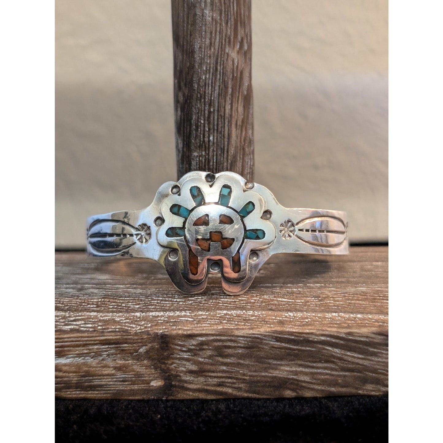 Rare Native American Vtg Sterling Silver Coral Turquoise Sun Cuff Bracelet