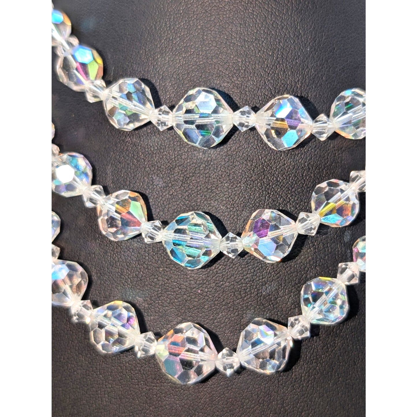 Vtg Graduated Three Strand Czech Faceted Clear & AB Crystal 13"-15.5" Necklace