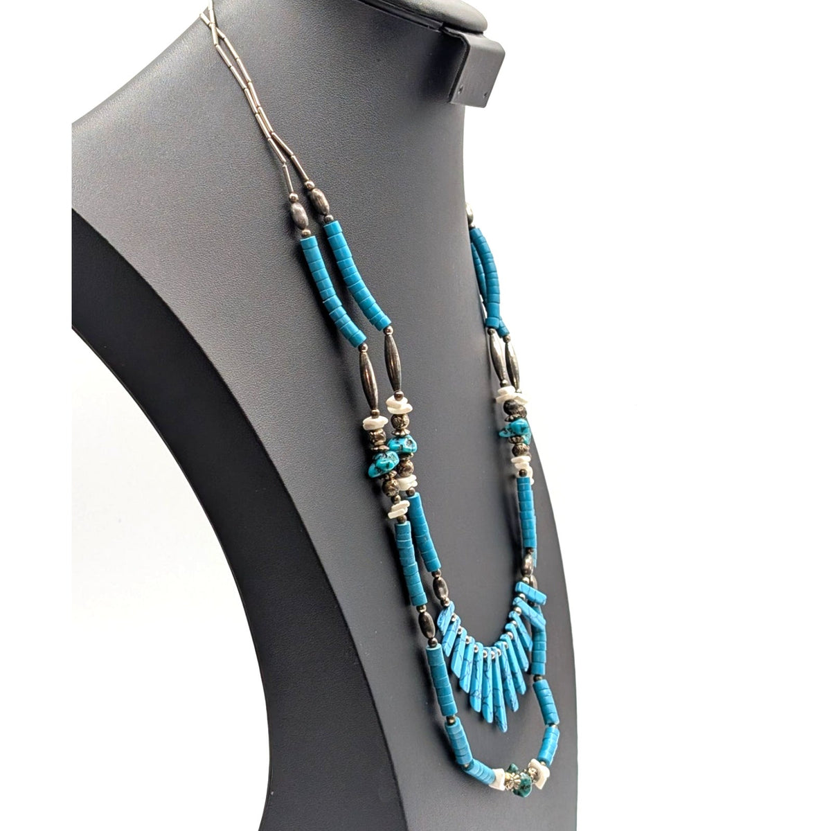 1970s Native American Liquid Silver Turquoise Double Strand Beaded Necklace
