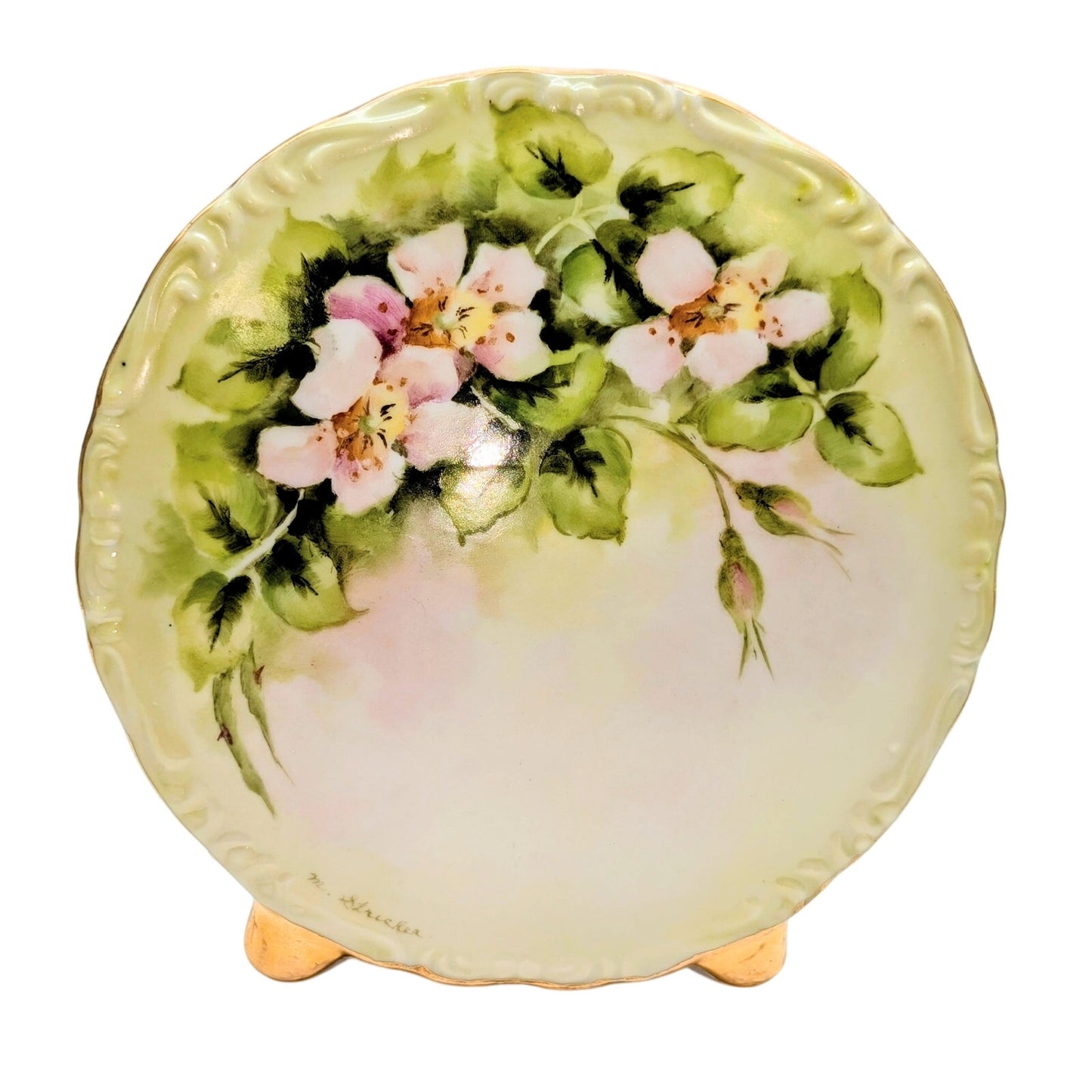 Vintage Signed M. Stricker Hand Painted Porcelain Gilt Edge Floral Pocket Vase
