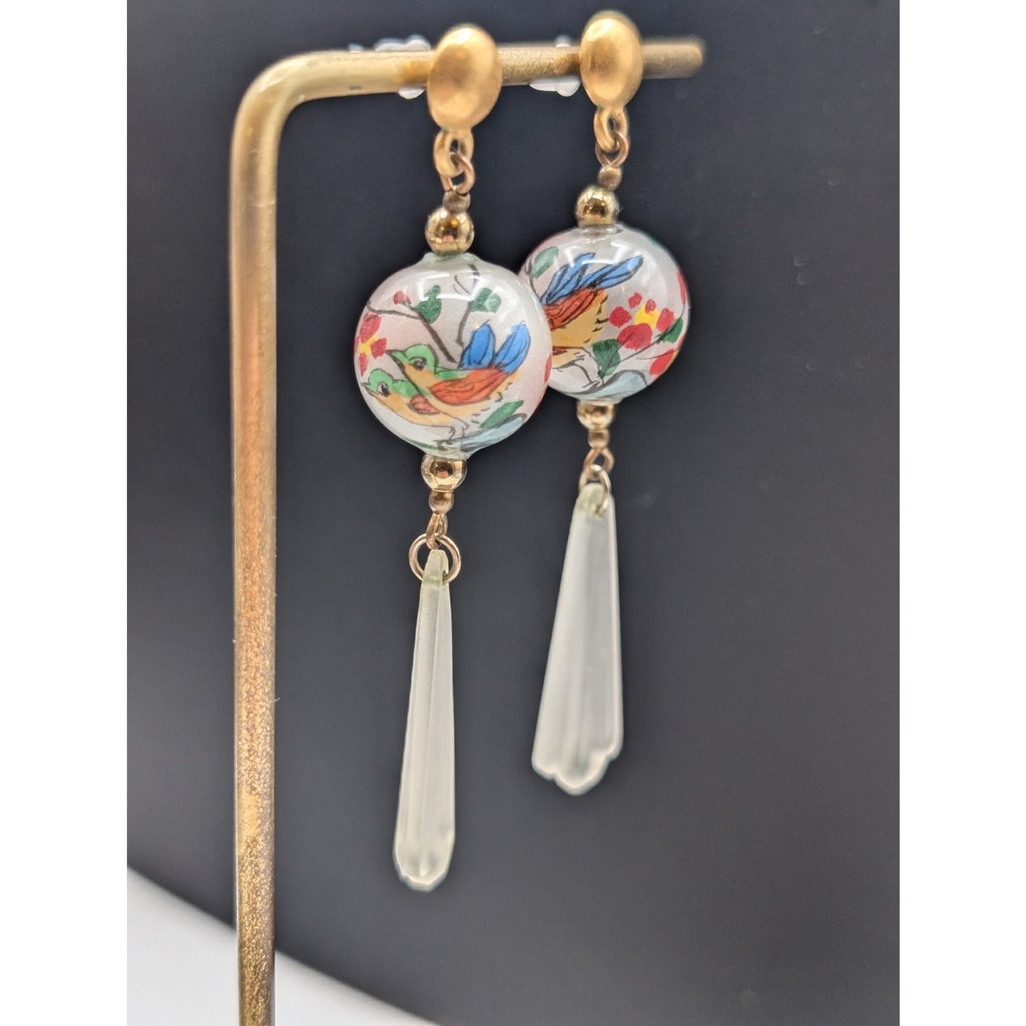 Vintage Japanese Painted Glass Bead White Frosted Dangle Earrings