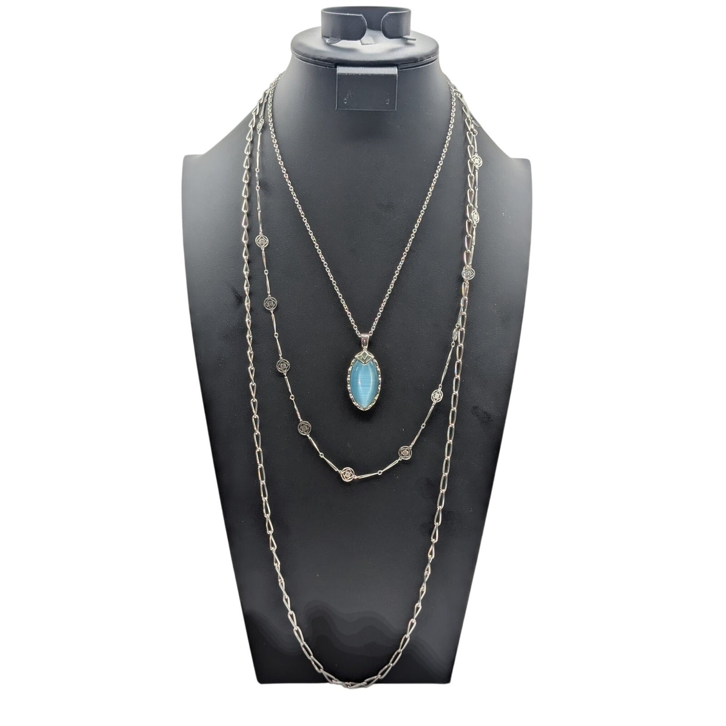 Lot of Three Silver Tone Necklaces-Blue Faux Stone Chain & Avon Vtg Lace Flower