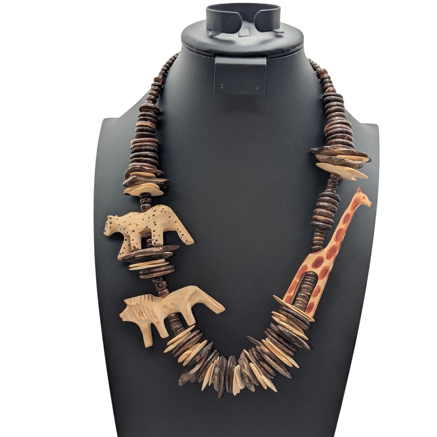 Tribal Lion Tiger Giraffe Carved Animal Coconut Shell Bead Barrel Clasp Necklace