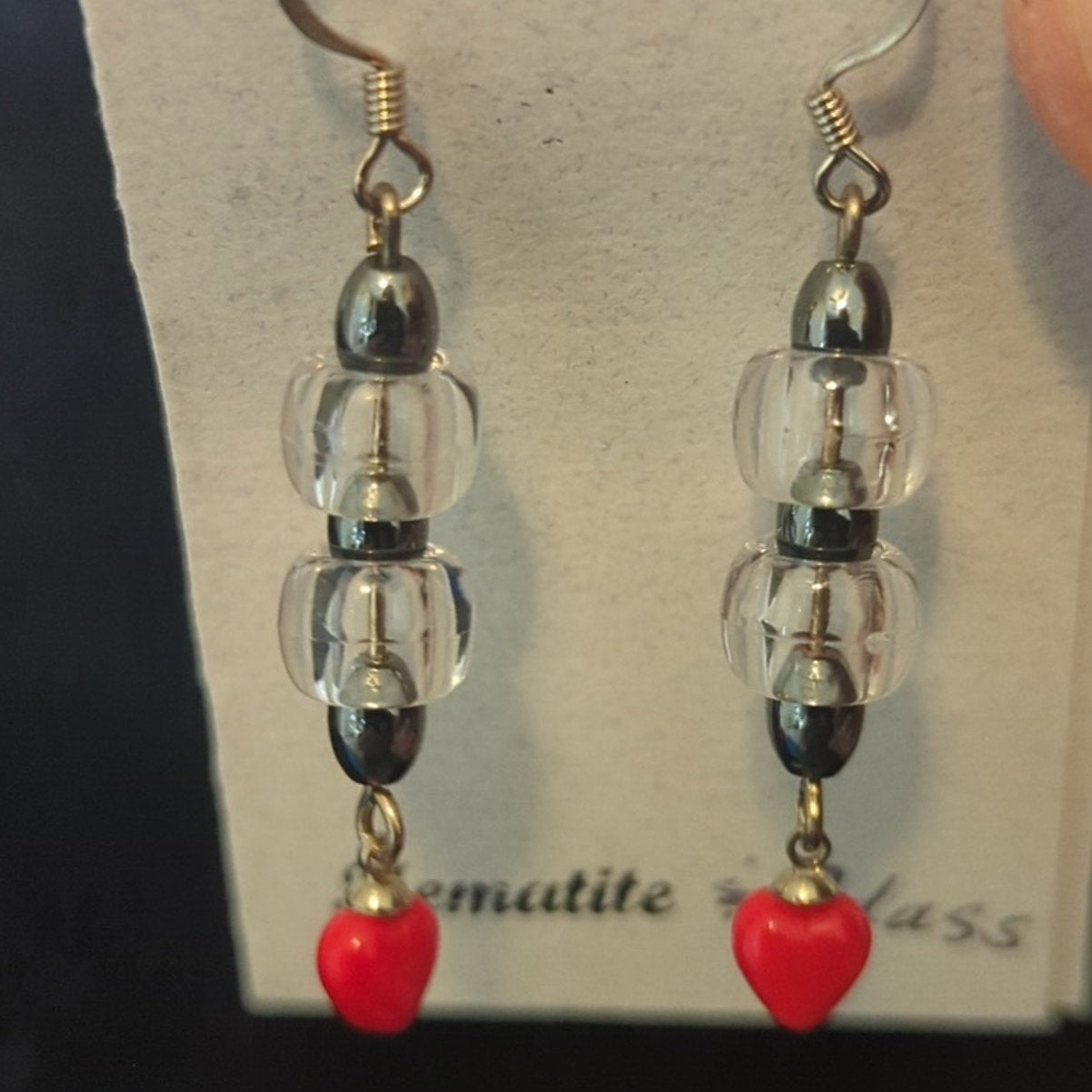 Handmade Hematite & Glass Bead Heart Dangle French Wire Earrings