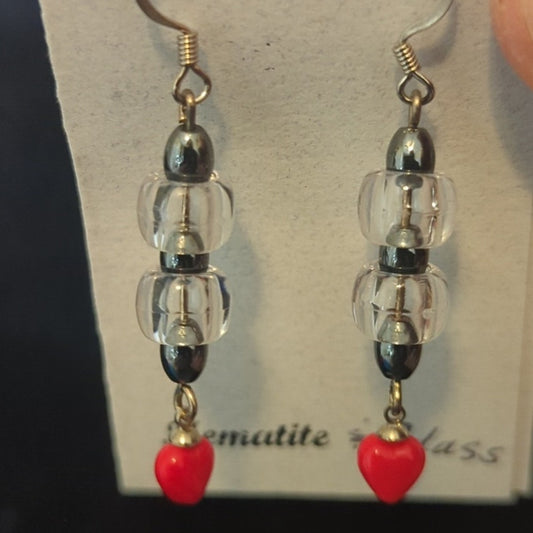 Handmade Hematite & Glass Bead Heart Dangle French Wire Earrings