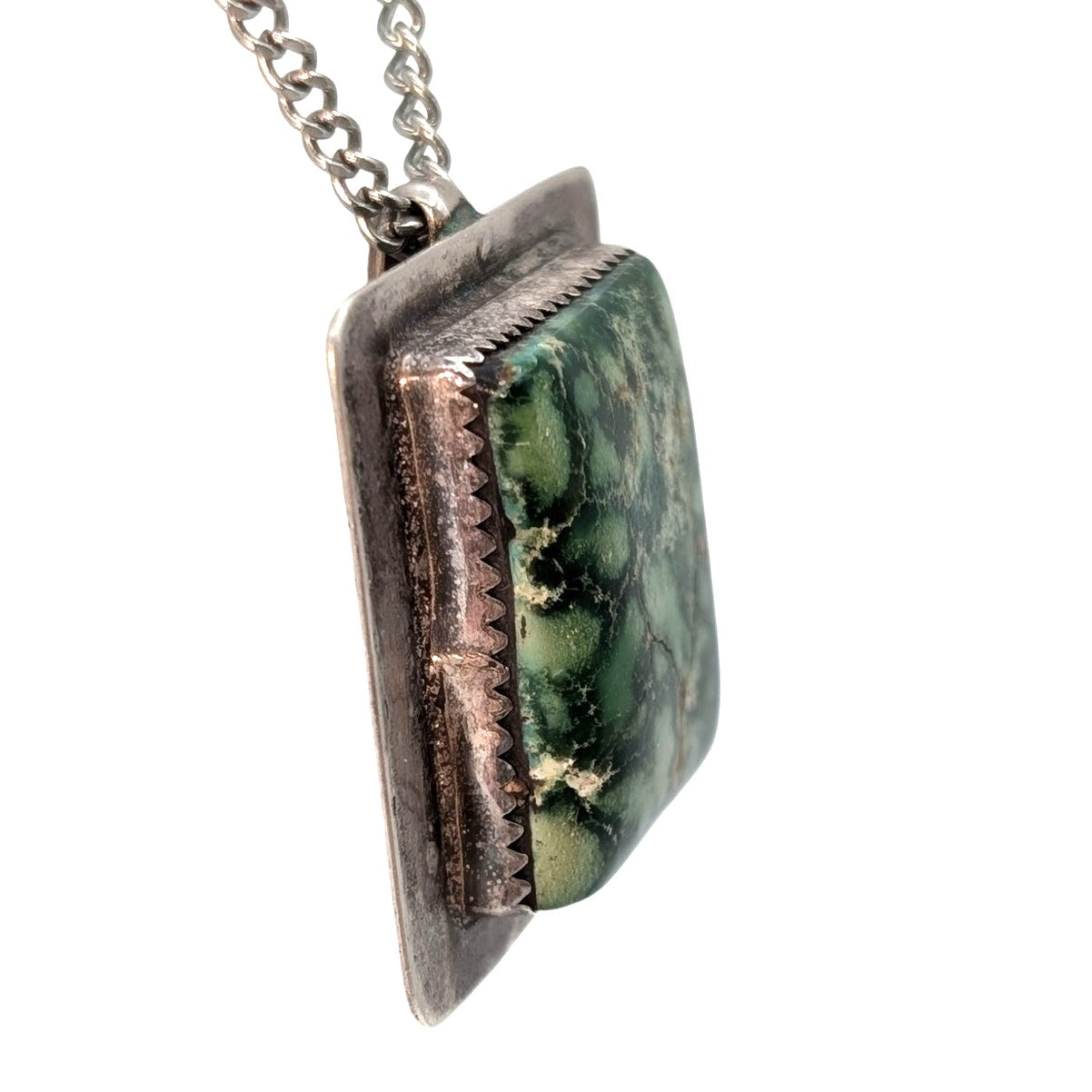 Vintage Sterling Silver Green Turquoise Stone Pendant 18" Chain Necklace