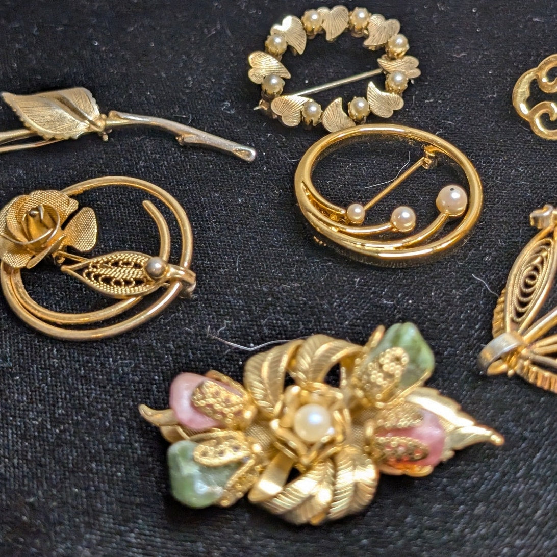 Lot of Eight Vintage Gold Tone Themed Brooches
