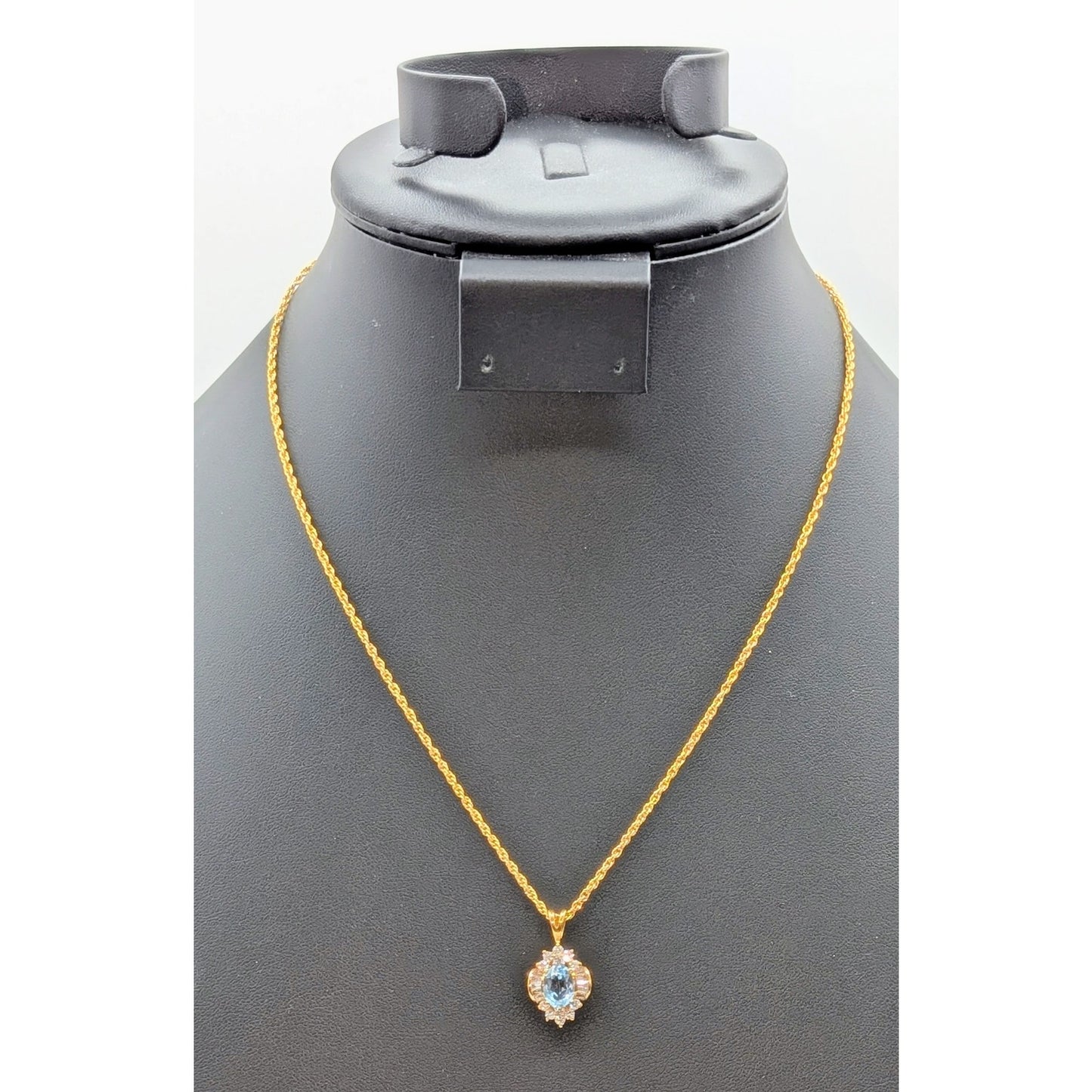 Gold Tone Light Blue Glass & Round & Baguette CZ Pendant 18" Chain Necklace