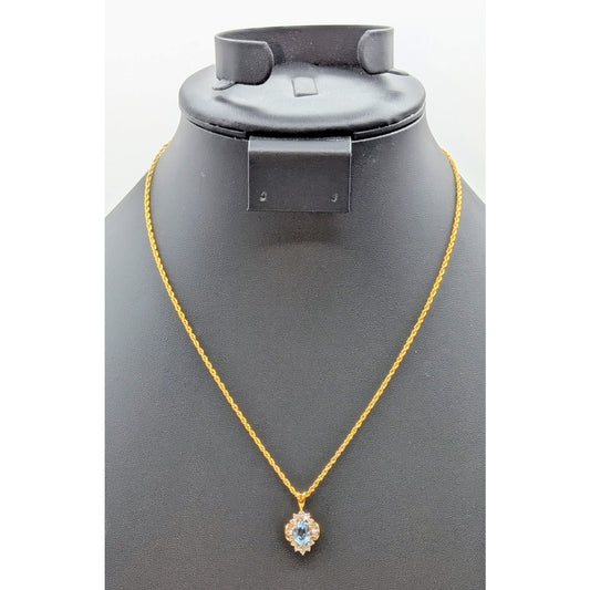 Gold Tone Light Blue Glass & Round & Baguette CZ Pendant 18" Chain Necklace