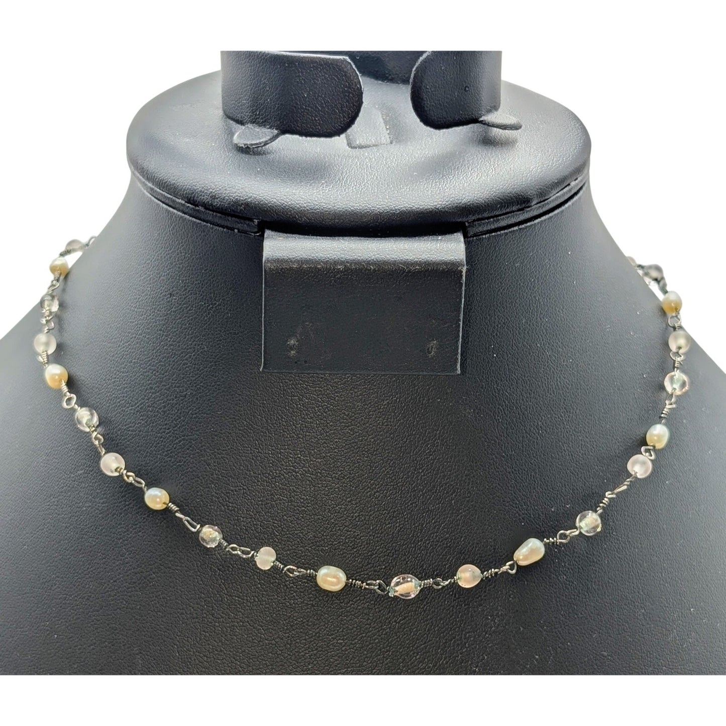 Vintage Silver Tone Glass Pearl Rosary Style Toggle Clasp Choker 16" Necklace