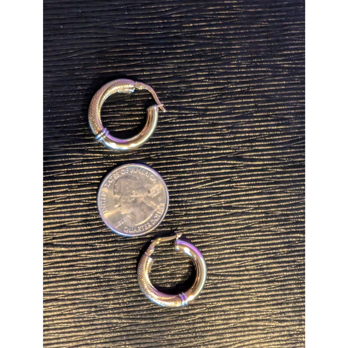 18K Italy Yellow Gold (White Gold Bands 2 Toned) Textured Polished Hoop Earrings