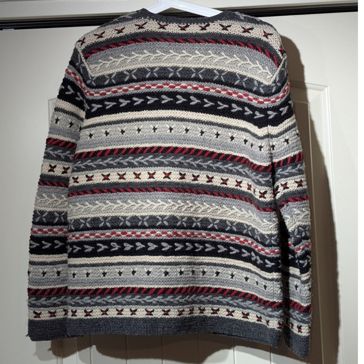 Talbot's Hand Knit 100% Wool Gray Cream Red Black Button Cardigan Sweater Sz MP
