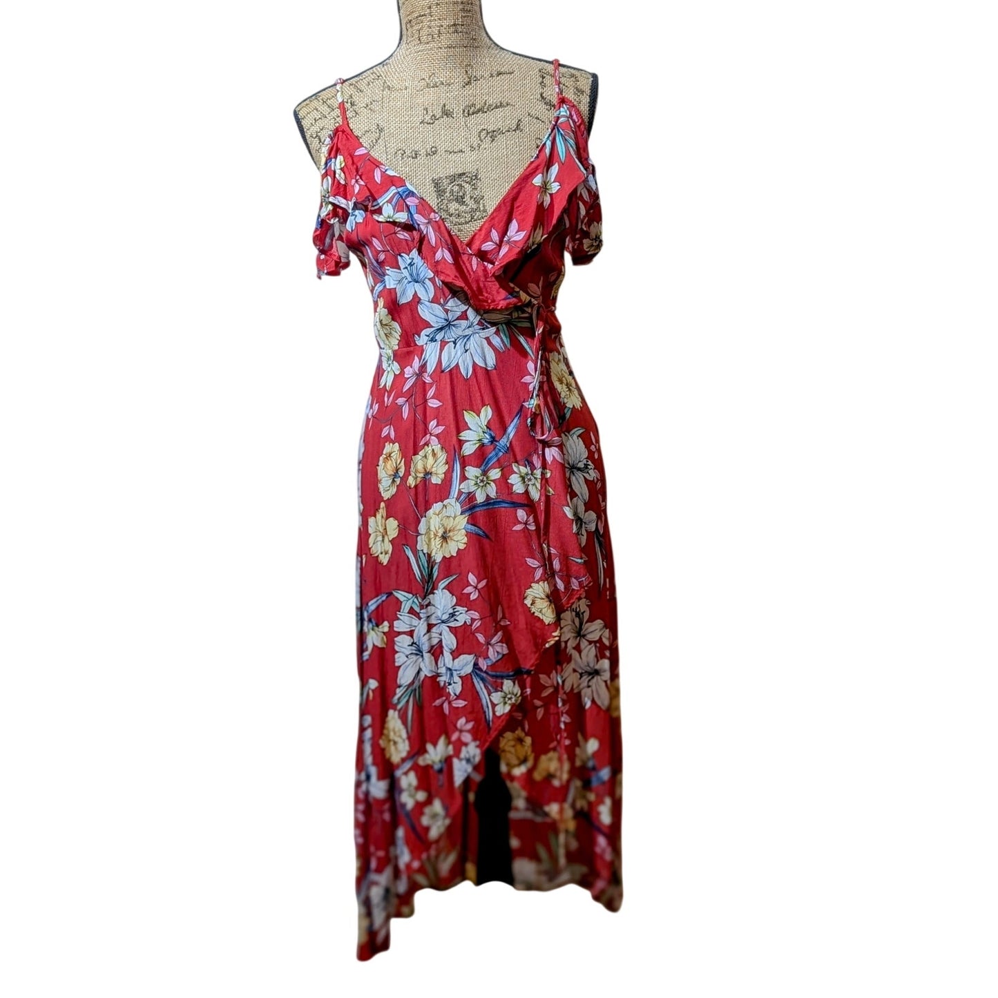 Bershka Red Floral Ruffle Cold Shoulder Wrap Dress Womens Sz M Runs Small