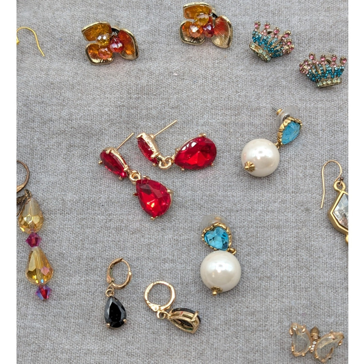 Lot of 14 Pair Crystal Rhinestone Gold Tone Earrings for Pierced Ears