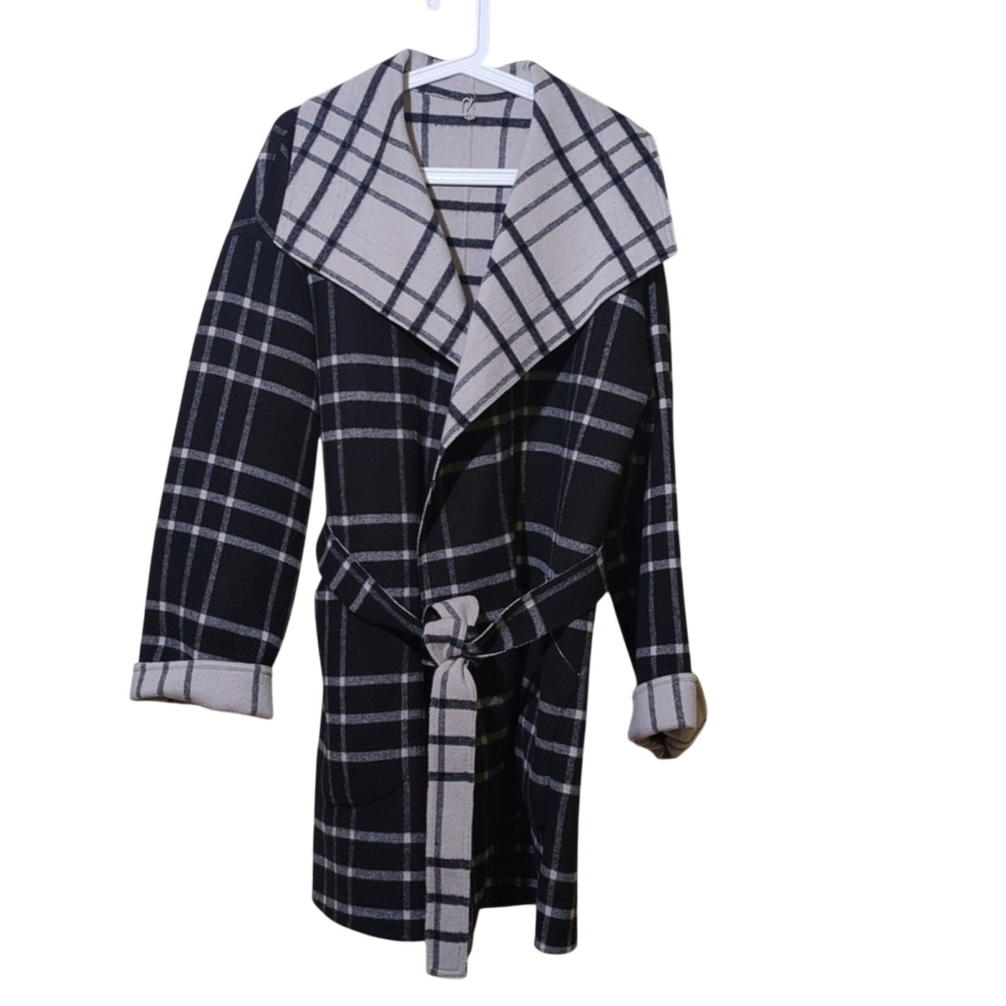 Alfani Black & Gray Plaid Reversible Belted Wrap Wing Collar Coat Women's Sz M/L