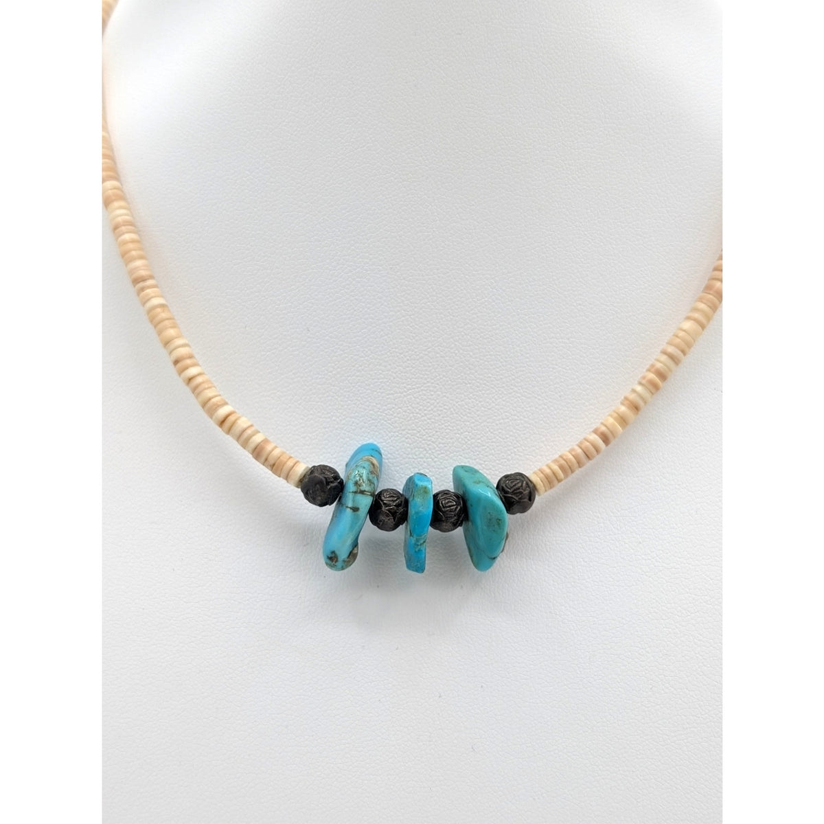 Vintage Heishi Shell Three Turquoise Stone Southwestern Hook Clasp 16" Necklace