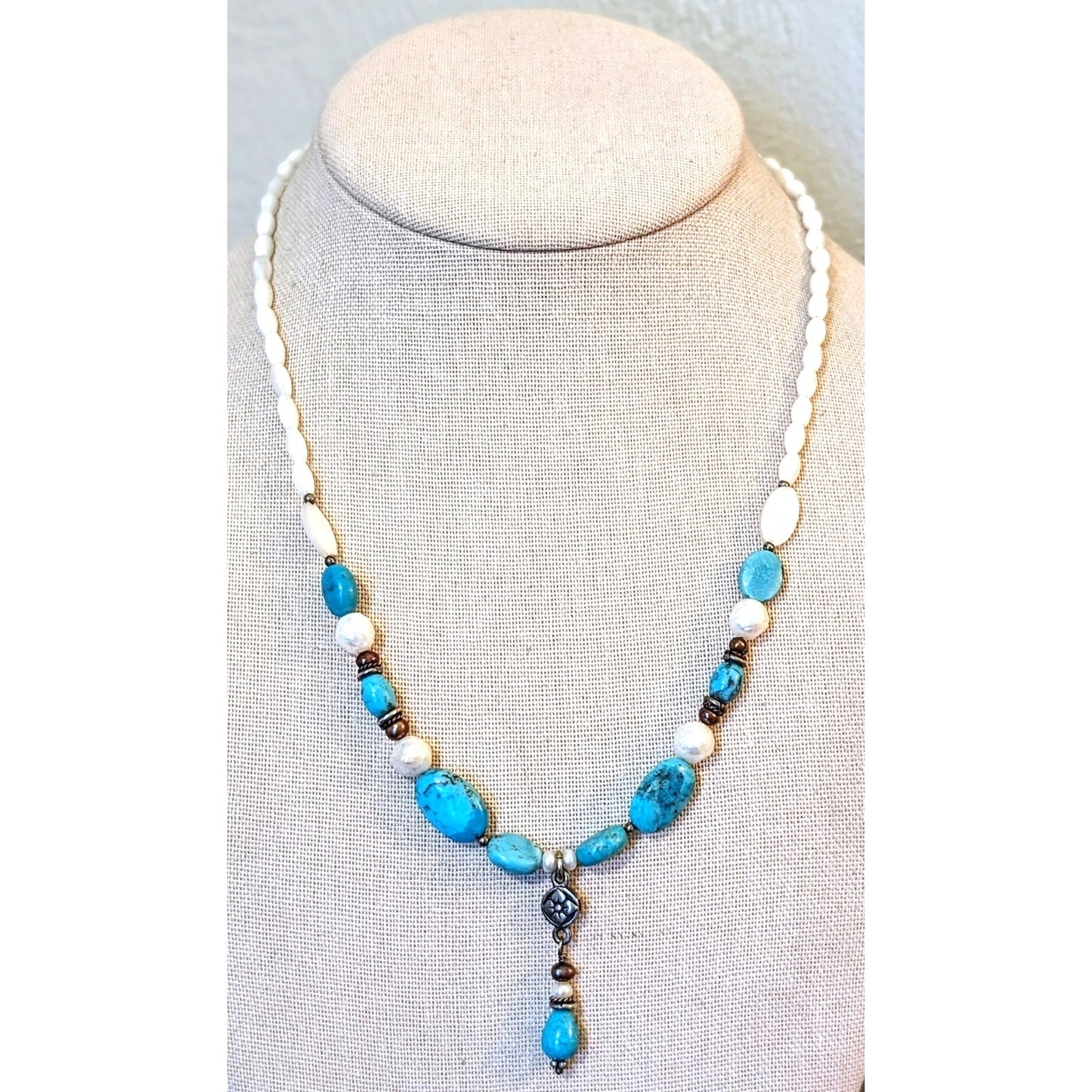 Barse Turquoise Pearl & Mother of Pearl Beaded Dangle 925 Sterling Necklace