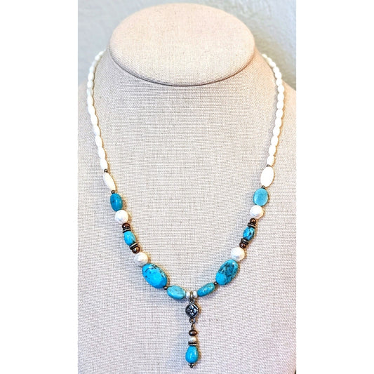Barse Turquoise Pearl & Mother of Pearl Beaded Dangle 925 Sterling Necklace