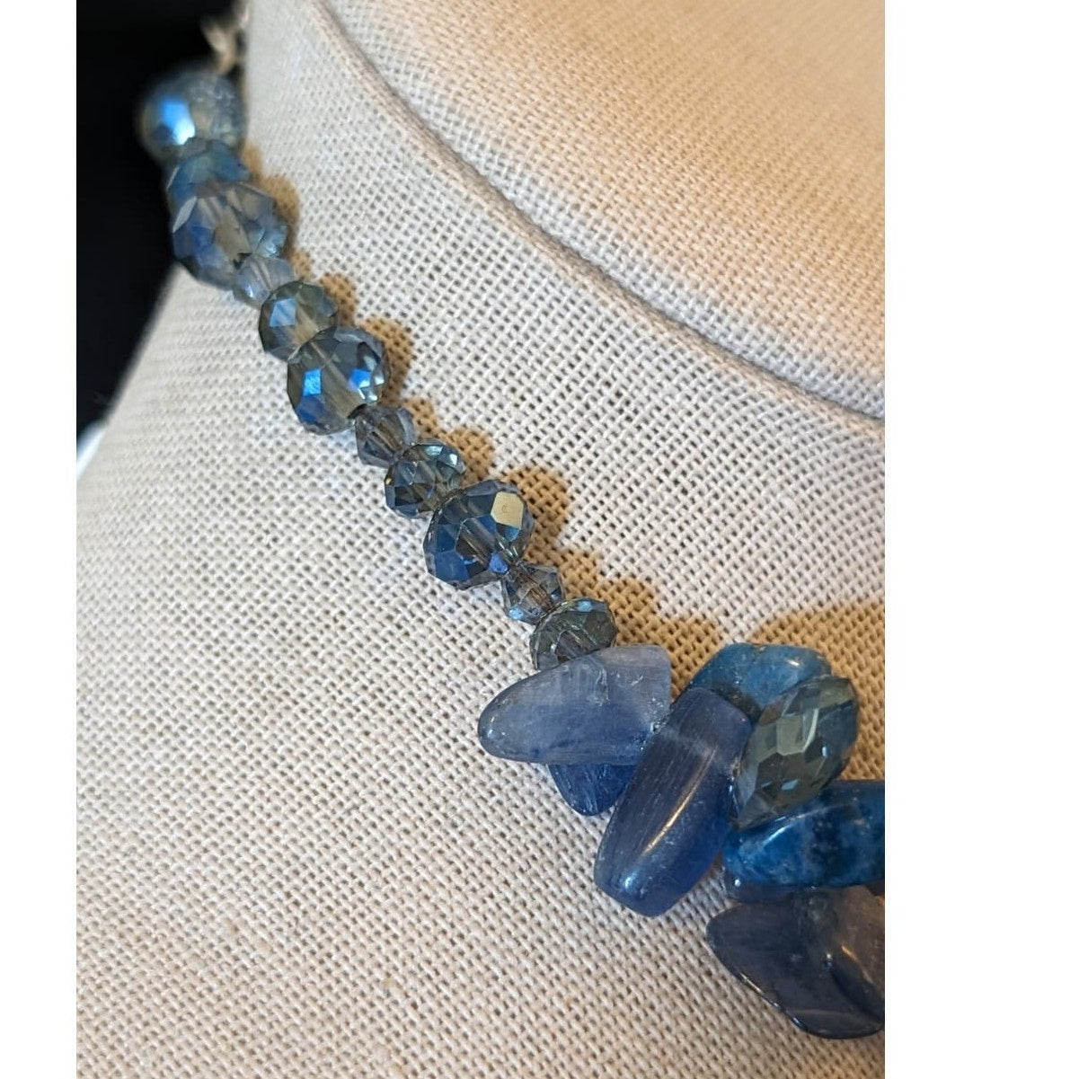 Smoky Blue Faceted Crystal and Blue Stone Necklace on Sterling Chain