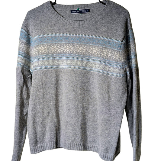 Woolovers Gray Blue Fairisle Crew Neck Pullover Long Sleeve Sweater Size L
