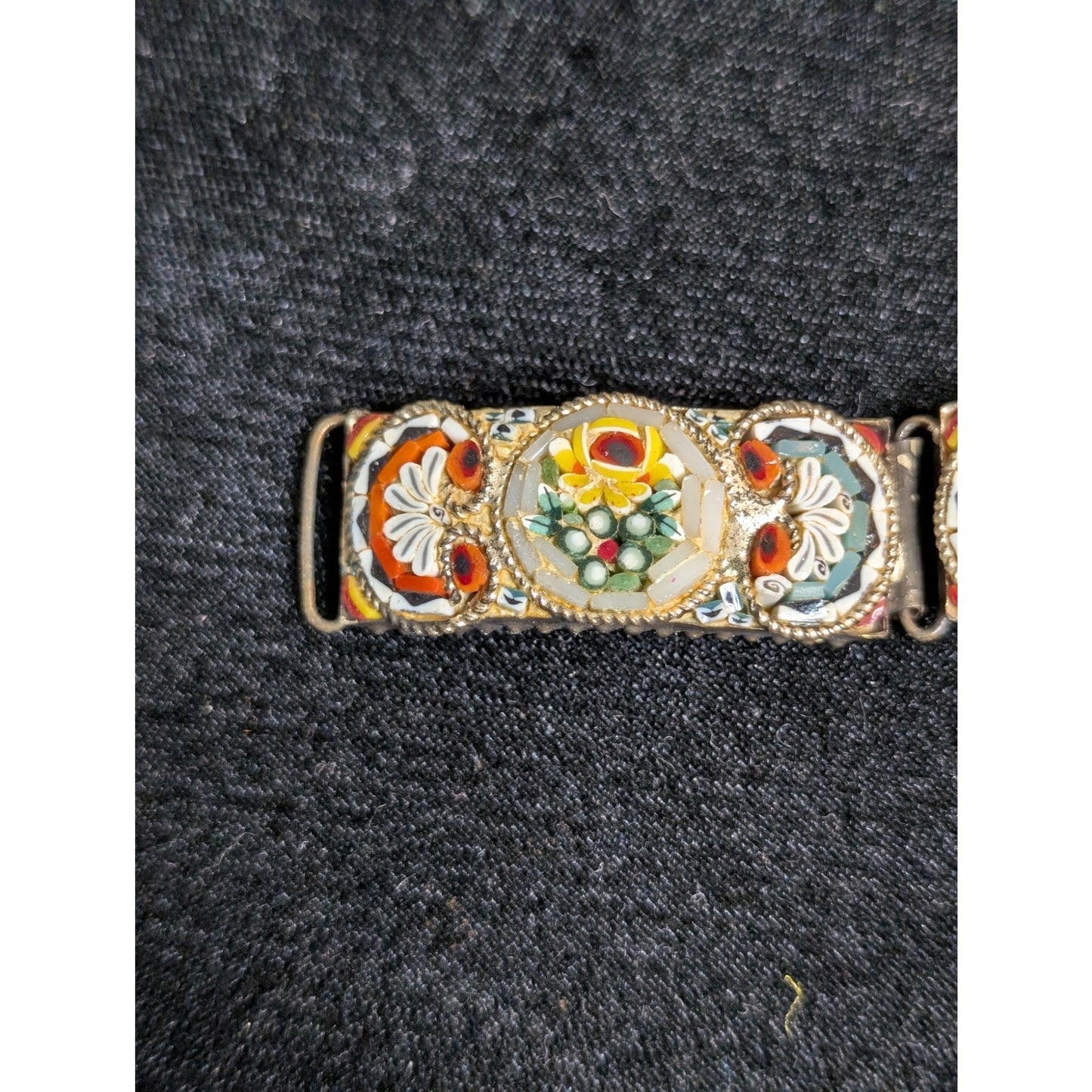 7.5" Antique Italian Micro Mosaic Multi Color Floral Link Hook Clasp Bracelet