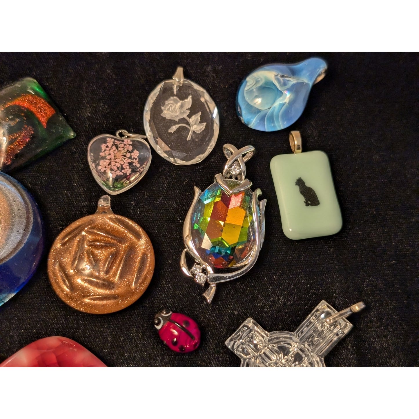 Thirteen Glass & Other Pendants & Ladybug Lot