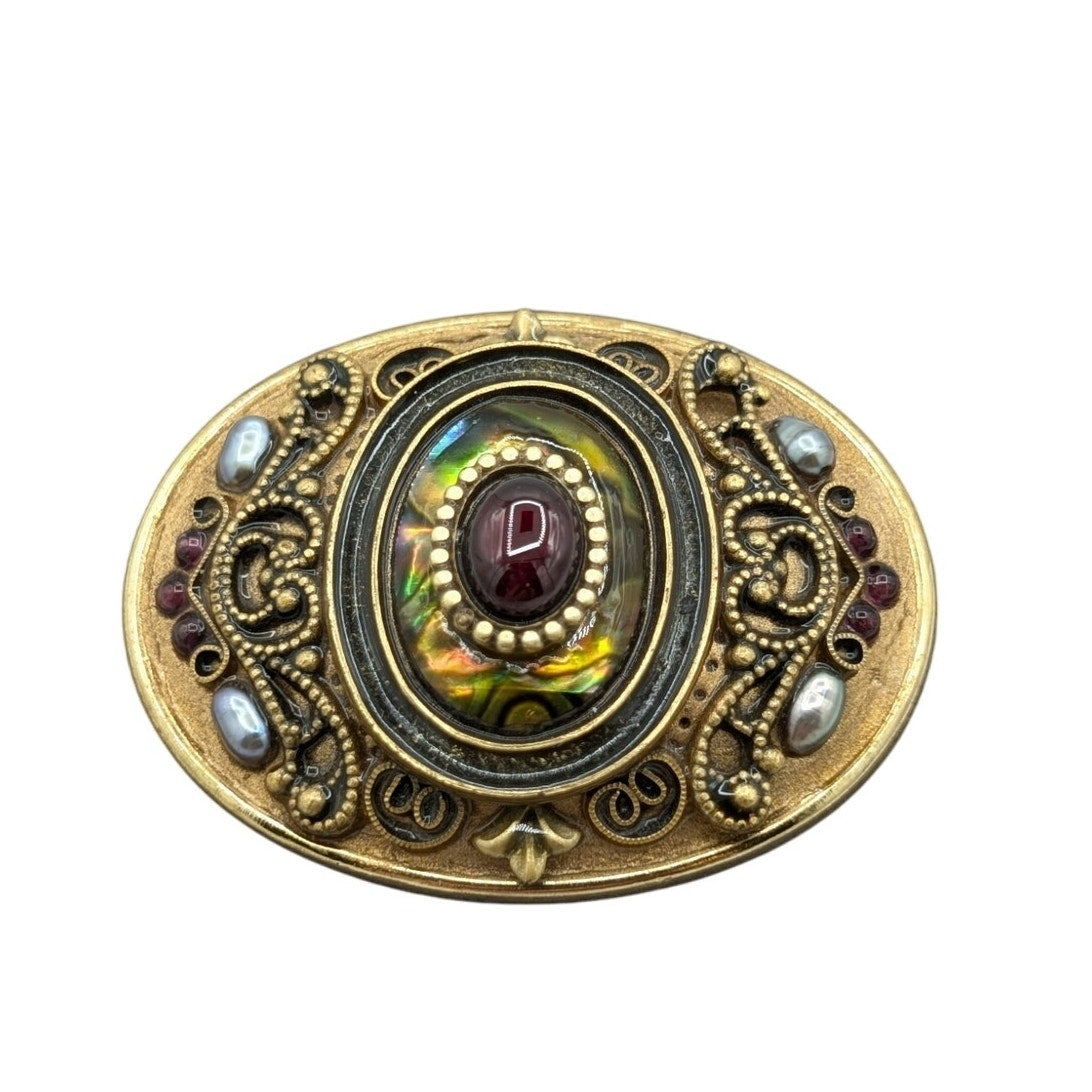 Vintage Michal Golan Signed Oval Gold Plated Garnet Abalone Brooch/Pendant