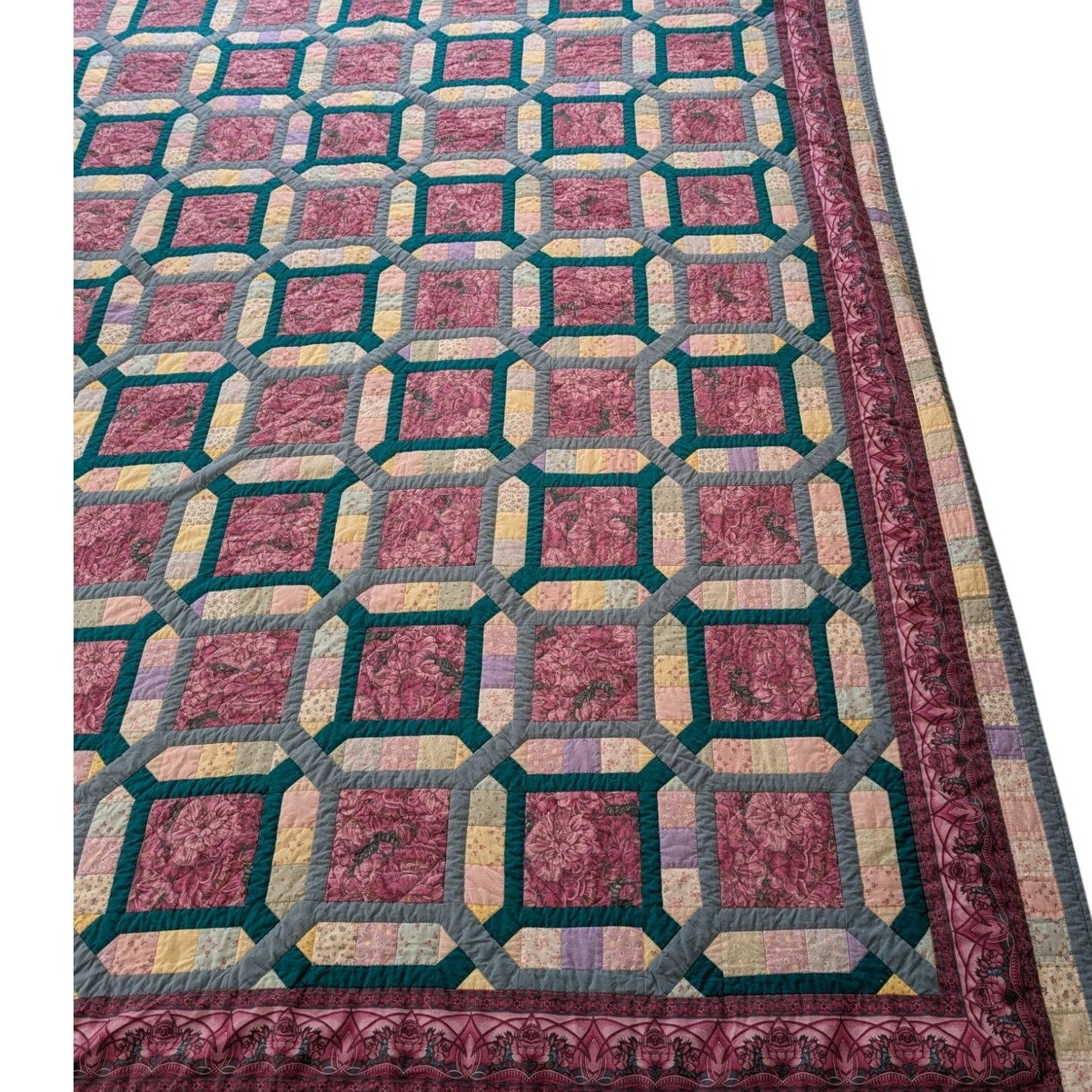 Vintage 84" X 102" Teal Blue & Mauve Cotton Hand Stitched Quilt