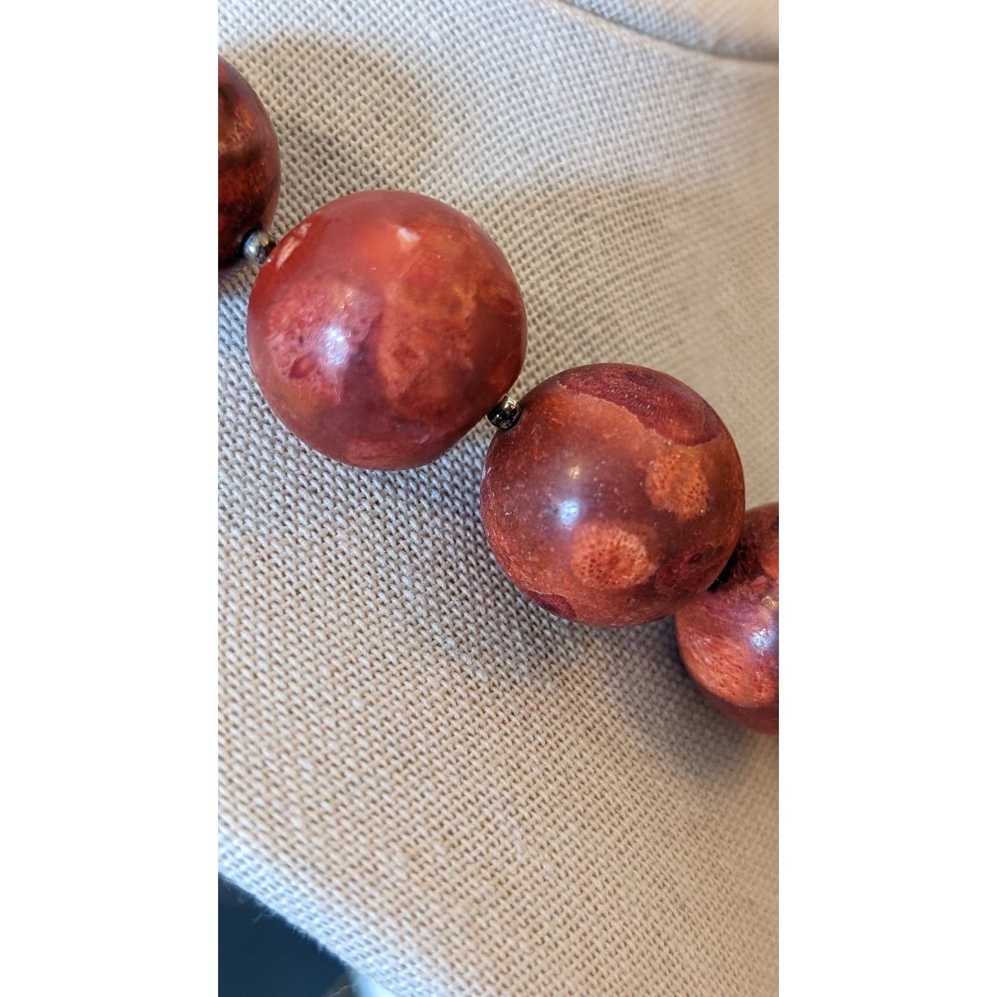 Genuine Coral Marbled Red 20 Bead Statement Necklace w/ Sterling Toggle Clasp