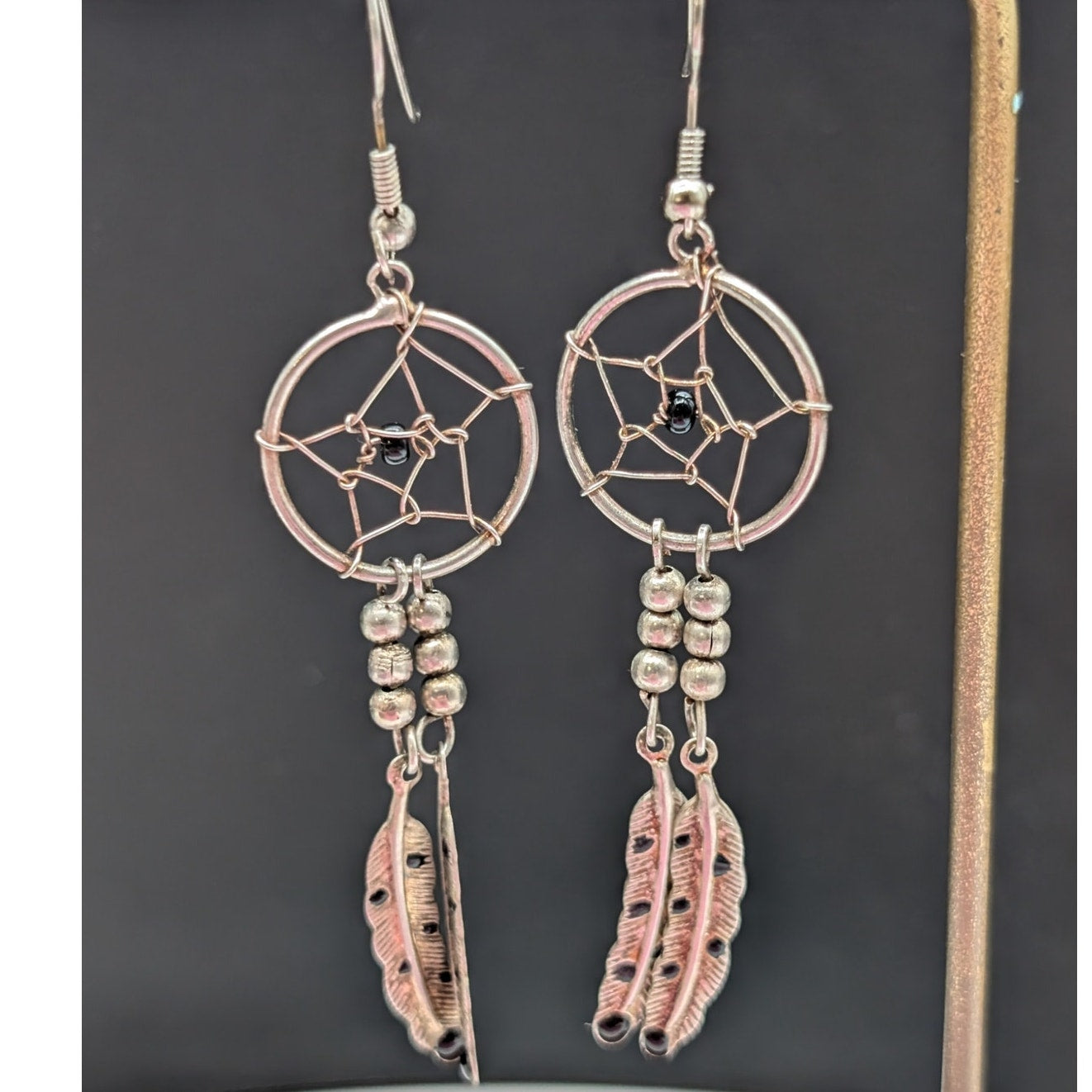 Silver Tone Dream Catcher Feather Dangle Hoop Earrings